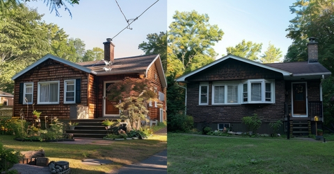 split view of a house in the woods