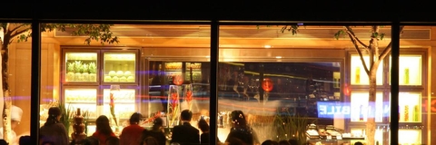 busy restaurant view from the outside window