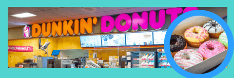 collage of dunkin donuts storefront and donuts