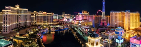 the las vegas skyline lit up at night
