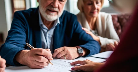 senior couple signing papers at office