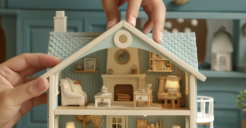 dollhouse with a blue roof