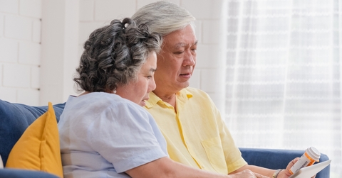 senior couple use tablet searching prescription