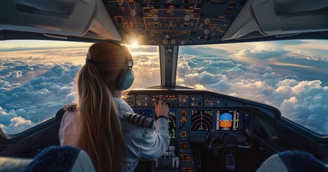 Pilot wearing headset is sitting in airplane