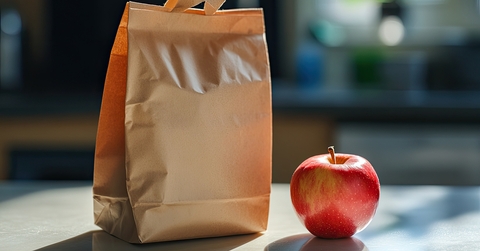 lunch bag with a handle sits on a countertop next to a red apple