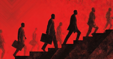Graphic of business men climbing stairs red background
