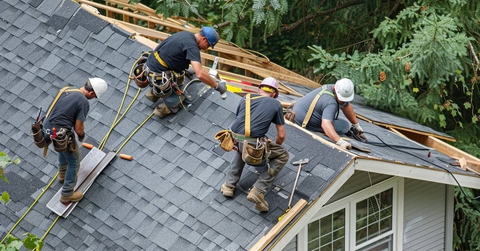 Roofers installing new shingles on a house 
