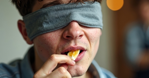 blindfolded young man taking a bite of food 