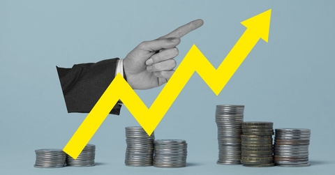 graphic of stacks of coins with a finger pointing up and a yellow arrow showing upward growth