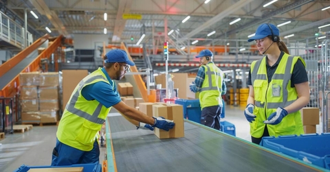 Warehouse employees loading boxes on conveyor belt in a processing center