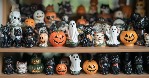 ghosts, pumpkins, and feline decorations display