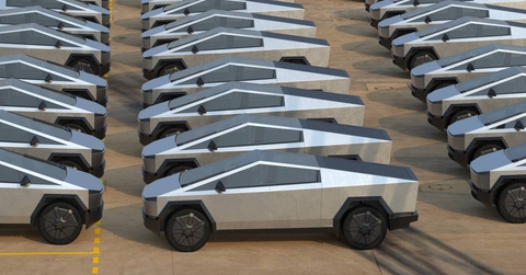 Rows of Tesla Cybertrucks
