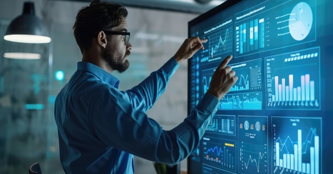 male statistician use interactive presentation 