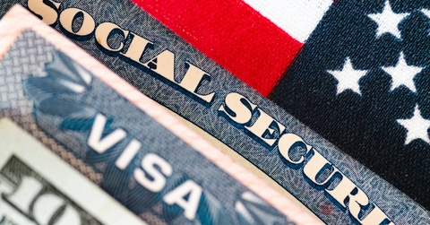 Social Security card on patriotic background