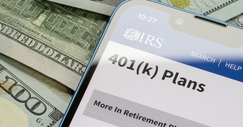 401(k) plans IRS site on phone with cash background