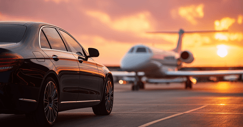 View of black luxury car with private white jet in the background