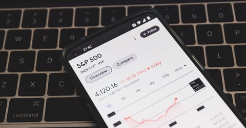 Phone with S&amp;P 500 Index on top of black keyboard