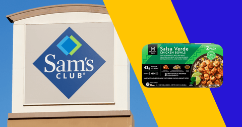 Collage of Sam's Club storefront logo and a chicken bowl product