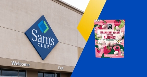 Sam's Club sign with strawberry covered almonds