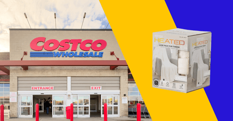 Collage of Costco's storefront and heated blanket product