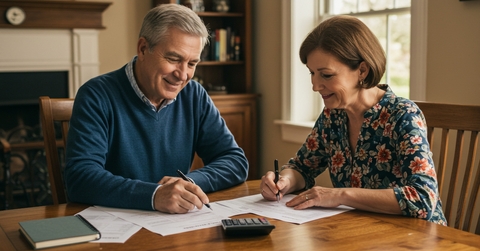 retired couple reviewing financial documents