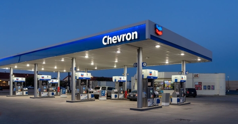 A Chevron gas station at night