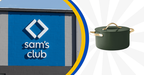 Collage of Sam's Club logo and store and a green pan product