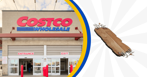 Collage of Costco storefront and a wood charcuterie serving board product