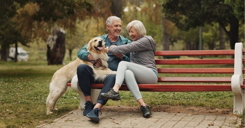 Older couple on a park bench with their dog