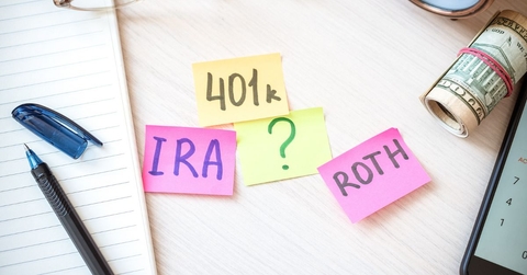 IRA, 401(k), Roth written on colorful sticky notes